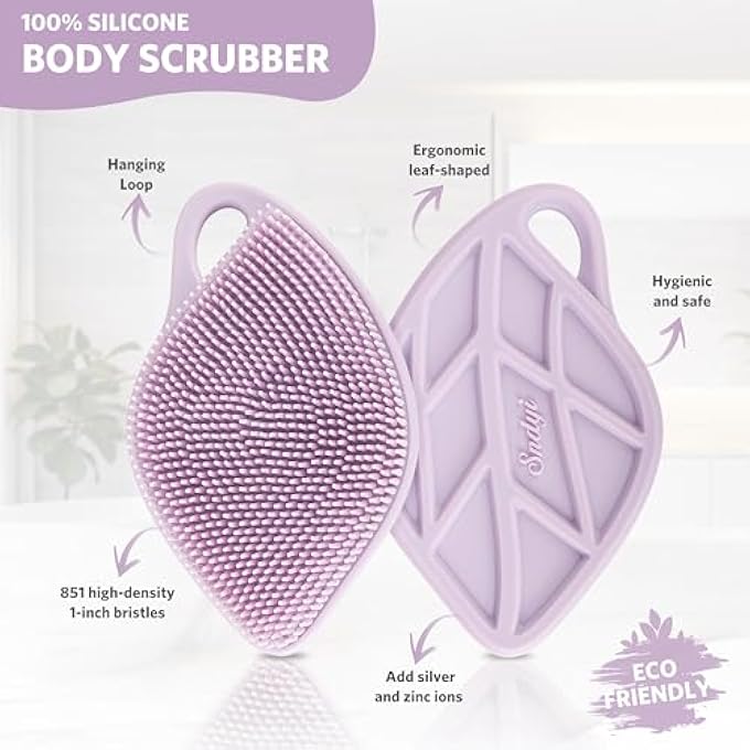Sndyi Silicone Body Scrubber, Gentle Exfoliating Body Scrubber for Sensitive Skin, Leaf Shaped Shower Scrubber for Body with Lathering Bristles, Silicone Loofah Body Brush for Showering, Purple - Image 2